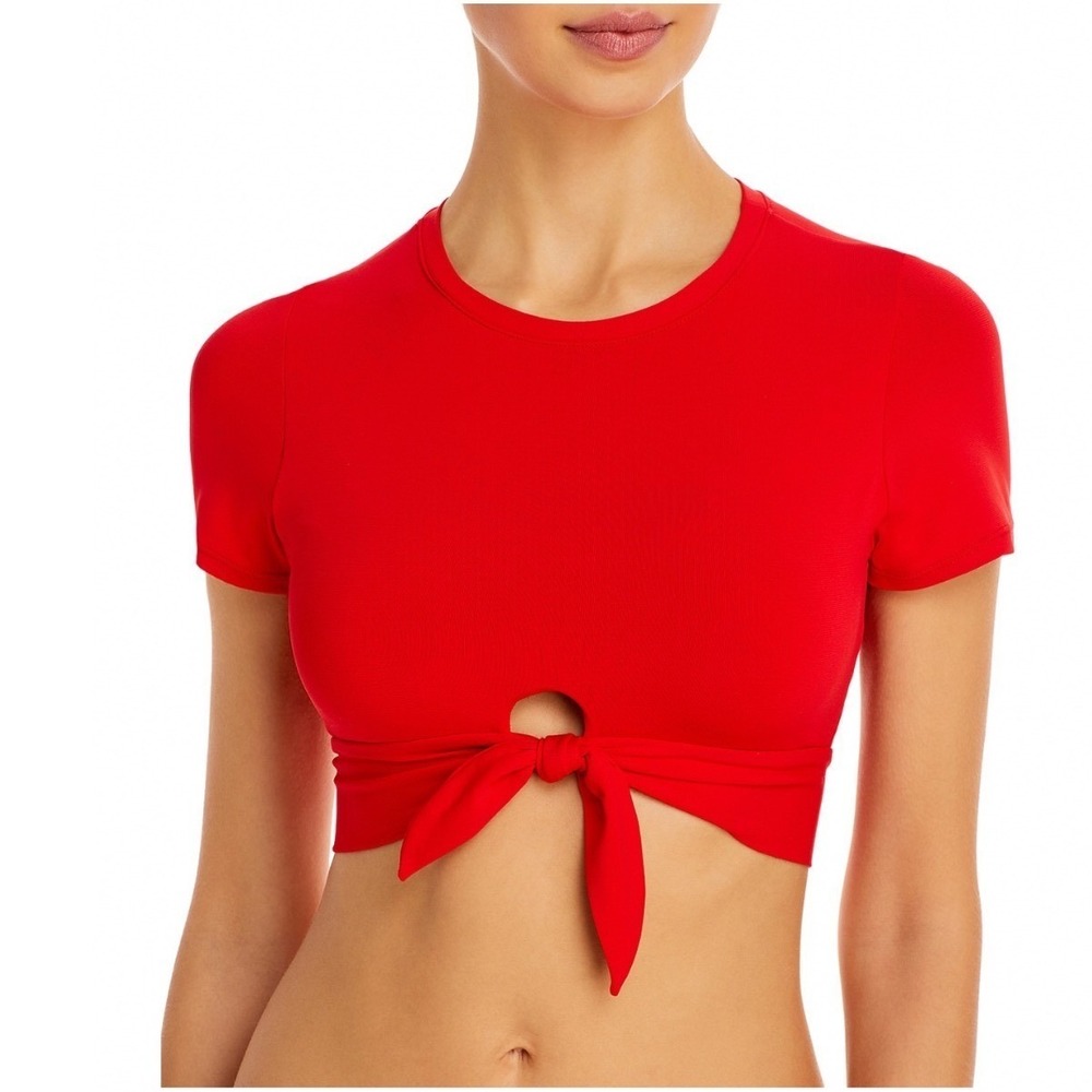 Robin Piccone Ava Fiery Red Cropped T-Shirt Bikini Swim Top 221709 NEW Large